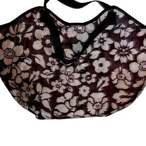 Elegant Brown and Beige Floral Tote Bag, Heavy Nylon Feel T5